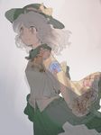  adapted_costume alternate_costume brown_eyes colorized frills geppewi grey_background hat hat_ribbon komeiji_koishi long_hair long_sleeves ribbon shirt silver_hair simple_background sketch skirt smile solo touhou wide_sleeves 