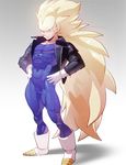  absurdres blonde_hair blue_eyes bodysuit boots covered_navel dragon_ball dragon_ball_z full_body gloves gradient gradient_background hands_on_hips highres jacket leather leather_jacket long_hair looking_away male_focus muscle no_eyebrows simple_background skin_tight smile solo spandex spiked_hair standing super_saiyan super_saiyan_3 supobi vegeta very_long_hair white_footwear white_gloves zipper 