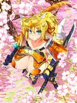  animal_ears aqua_eyes armor blonde_hair breasts cleavage dog_days doriruneko dual_wielding flower fox_ears fox_tail holding huge_breasts kamen_rider kamen_rider_gaim kamen_rider_gaim_(series) katana long_hair looking_at_viewer ponytail smile solo sword tail weapon yukikaze_panettone 