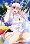  ;d absurdres blush breasts cleavage cloud day dress_shirt headphones highres inflatable_raft large_breasts long_hair nitroplus non-web_source nyantype official_art one_eye_closed open_mouth palm_tree pink_hair red_eyes school_swimsuit shirt sky smile solo soniani super_sonico swimsuit swimsuit_under_clothes tamura_masafumi tree water wet 