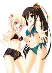  :d absurdres bare_shoulders bikini bikini_shorts black_hair blonde_hair breasts cleavage empty_eyes front-tie_top green_bikini green_eyes hair_ornament hair_ribbon highres kobuichi kore_wa_zombie_desu_ka? long_hair looking_at_viewer medium_breasts multiple_girls muririn navel one_side_up open_mouth outstretched_hand polka_dot polka_dot_bikini polka_dot_swimsuit ponytail ribbon scan seraphim_(kore_wa_zombie_desu_ka?) shorts side-tie_bikini simple_background smile strap_gap swimsuit very_long_hair white_background yoshida_yuki 