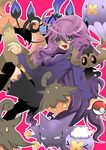  al_bhed_eyes artist_request chandelure character_request drifblim drifloon gourgeist haunter hex_maniac_(pokemon) holding holding_poke_ball npc_trainer open_mouth phantump poke_ball pokemon pokemon_(game) pokemon_xy pumpkaboo purple_hair solo 