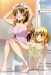  :o absurdres alternate_hairstyle armpits arms_up barefoot bath_stool blonde_hair blush breasts brown_eyes brown_hair bubble cleavage d-frag! feet hair_down highres large_breasts legs long_hair maruyama_shuuji megami multiple_girls naked_towel non-web_source official_art open_mouth poking poking_ass reflection reflective_floor shibasaki_roka short_hair sitting small_breasts soap_bubbles stool takao_(d-frag!) toes towel washing washing_hair 
