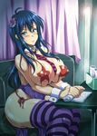  1girl asakura_yuu_(-unlimited) blue_hair breasts curtains large_breasts long_hair pasties sitting solo 