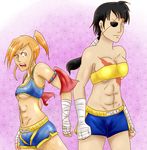  abs adon_(street_fighter) black_hair breasts eyepatch genderswap hand_wraps high_ponytail highres multiple_girls orange_hair ponytail sagat scar shorts sports_bra strapless street_fighter tubetop underboob 