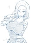  android_18 breast_squeeze breasts dragon_ball fue_(rhomphair) large_breasts monochrome short_hair 