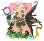  1girl animal_ears black_skin blonde_hair boots braid breasts comb green_eyes hat helmet hyakkihei large_breasts long_hair majo_to_hyakkihei messy_hair metallica_(majo_to_hyakkihei) mirror mokkichimuumuu ribbon simple_background spoken_squiggle squiggle tochka witch_hat wristband yellow_eyes 