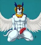  biceps blue_eyes bottomless claws clothing dragon erection feather gay general: hat kneeling legendz looking_at_viewer male muscles nameless00 pecs penis red_penis reptile scalie sheath shiron slit solo species: toe_claws topless windragon wings 