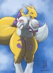  2014 anthro barefoot big_breasts big_nipples breasts canine chubby digimon female fox fur happy hi_res looking_at_viewer mammal navel nipples nude open_mouth packmind pussy renamon smile solo squint standing 