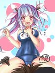  1girl admiral_(kantai_collection) antennae bare_shoulders blush breasts brown_hair character_name competition_school_swimsuit covered_navel headgear highres i-19_(kantai_collection) kantai_collection kyamu_(qqea92z9n) large_breasts lavender_hair long_hair looking_at_another machinery name_tag one-piece_swimsuit open_mouth school_swimsuit skin_tight spread_legs swimsuit tareme twintails 