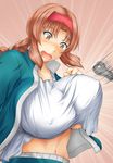  bol_(liliymimi) braid breasts brown_eyes brown_hair bursting_breasts covered_nipples d-frag! hairband jacket large_breasts long_hair popped_zipper solo takao_(d-frag!) track_jacket 
