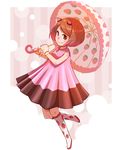  apollo_chocolate brown_eyes brown_hair dress food_print gloves hairband highres kneehighs personification short_hair smile solo strawberry_print toshi_punk umbrella 