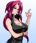  bare_shoulders blue_eyes bracelet breasts cleavage covered_nipples elite_four glasses gradient gradient_background jewelry kanna_(pokemon) large_breasts long_hair pokemon pokemon_(game) pokemon_frlg ponytail red_hair satsuki_imonet smile solo 