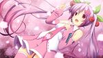  cherry detached_sleeves food fruit hatsune_miku headset highres long_hair necktie open_mouth purple_hair red_eyes sakura_miku skirt solo thighhighs twintails very_long_hair vocaloid yuzuki_kei 