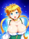  alicesoft blonde_hair blue_eyes breasts bursting_breasts cleavage dha huge_breasts looking_at_viewer open_mouth ribbon short_hair smile solo toushin_toshi 