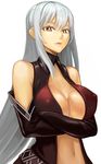  bare_shoulders black_gloves breasts brown_eyes center_opening character_request crossed_arms elbow_gloves gloves large_breasts lips long_hair masn_(moxi) navel open_mouth silver_hair simple_background solo white_background 
