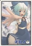  artist_name blue_eyes blush bow cirno hair_bow hand_on_hip large_bow open_mouth outstretched_hand ribbon sakura_(medilore) short_hair solo touhou wings 