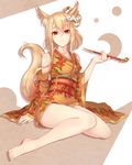  animal_ears barefoot blonde_hair detached_sleeves ear_piercing eyeshadow feet fox_ears fox_tail hair_ornament japanese_clothes kimono kiseru legs looking_at_viewer makeup nakaichi_(ridil) original piercing pipe red_eyes short_eyebrows short_hair short_kimono sitting solo tail 