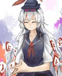  closed_eyes cosplay embarrassed fingers_together fujiwara_no_mokou hair_ribbon hat hatsue highres kamishirasawa_keine kamishirasawa_keine_(cosplay) long_hair ribbon short_sleeves silver_hair smile solo touhou tress_ribbon 