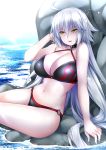  1girl abe_inori ahoge bangs bikini black_bikini black_choker blonde_hair breasts choker cleavage commentary_request eyebrows_visible_through_hair fate/grand_order fate_(series) hair_between_eyes jeanne_d&#039;arc_(alter_swimsuit_berserker) jeanne_d&#039;arc_(fate)_(all) large_breasts light_rays long_hair looking_at_viewer navel o-ring o-ring_bikini o-ring_bottom o-ring_top ocean outdoors rock silver_hair sky solo swimsuit yellow_eyes 