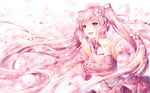  bare_shoulders blush cherry_blossoms detached_sleeves hands_clasped happy_tears hatsune_miku long_hair long_sleeves necktie open_mouth own_hands_together petals pink_eyes pink_hair sakura_miku shirt skirt smile solo tattoo tears tidsean twintails very_long_hair vocaloid wide_sleeves 