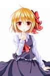  ascot blonde_hair blouse finger_to_mouth frills hair_ribbon highres namatyaba red_eyes ribbon rumia short_hair simple_background skirt solo touhou vest white_background 