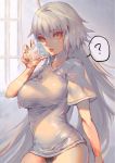  1girl ahoge bangs breasts commentary_request cowboy_shot cup day drinking_glass eyebrows_visible_through_hair fate/grand_order fate_(series) grey_background hair_between_eyes highres holding holding_cup jeanne_d&#039;arc_(alter)_(fate) jeanne_d&#039;arc_(fate)_(all) jigenn large_breasts light_rays long_hair panties shirt silver_hair sunbeam sunlight t-shirt underwear window yellow_eyes 