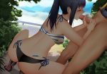  1boy 1girl ass bangs bikini black_bikini black_hair black_swimsuit blue_sky breasts comic couple erection eyes_closed flower ginhaha hands_on_another&#039;s_penis hetero hibiki_yuuta high_ponytail highres long_hair male_focus medium_breasts no_pants oral penis ponytail sex sky squatting ssss.gridman striped striped_bikini striped_swimsuit swimsuit takarada_rikka testicles thighs tied_hair uncensored 