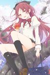  apple atea bad_id bad_pixiv_id blush bow cherry_blossoms food fruit hair_bow long_hair looking_at_viewer mahou_shoujo_madoka_magica mahou_shoujo_madoka_magica_movie open_mouth petals ponytail red_eyes red_hair sakura_kyouko school_uniform sitting skirt socks solo tree 