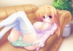  absurdres ahoge blonde_hair blush breasts couch dagashiya game_cg hair_ribbon highres large_breasts looking_at_viewer love_whisper lying nipples no_bra no_pants on_back open_clothes open_shirt panties panty_pull plant purple_eyes ribbon shirt smile solo thighhighs underwear white_legwear 