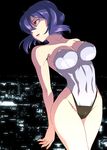  arched_back bare_shoulders breasts caffein city cleavage ghost_in_the_shell groin highleg highleg_leotard kusanagi_motoko large_breasts leotard long_hair looking_away purple_hair red_eyes solo thighs 