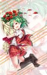  asutora bouquet flower green_hair highres hug jumping kazami_yuuka open_clothes open_mouth open_vest panties pantyshot puffy_sleeves red_eyes red_flower red_rose rose shirt short_sleeves skirt skirt_set smile solo touhou underwear uneven_eyes upskirt vest zoom_layer 