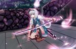  blood blue_eyes headband katana kneehighs konpaku_youmu myon petals short_hair stairs sword toid310 torn_clothes touhou weapon white_hair 