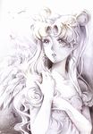  bare_shoulders bishoujo_senshi_sailor_moon colored_pencil_(medium) double_bun feathered_wings feathers hair_ornament hairclip highres long_hair looking_up nashi_juni parted_lips princess_serenity solo sunlight traditional_media tsukino_usagi twintails upper_body white wings 
