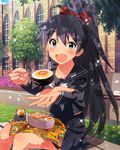  aqua_eyes black_hair black_serafuku bracelet egg fang food ganaha_hibiki hamster hamuzou idolmaster idolmaster_(classic) idolmaster_million_live! jewelry long_hair looking_at_viewer official_art ponytail school_uniform serafuku spam sushi tree 