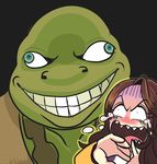  1boy 1girl april_o&#039;neil april_o'neil black_background brown_hair creepy crying face gashi-gashi green_eyes green_skin grin portrait rape_face sharp_teeth simple_background smile teenage_mutant_ninja_turtles turtle 