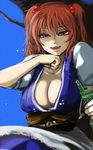  bottle breasts cleavage ginji_(sakaki_summer) hair_bobbles hair_ornament hot large_breasts looking_at_viewer looking_down onozuka_komachi open_mouth puffy_short_sleeves puffy_sleeves red_eyes red_hair short_hair short_sleeves simple_background solo sweat touhou two_side_up water_bottle wiping_face 