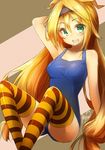  2014 blonde_hair blush breasts green_eyes hairband long_hair looking_at_viewer medium_breasts one-piece_swimsuit ootori_kohaku open_mouth school_swimsuit signature sitting solo striped striped_legwear swimsuit thighhighs tilt-shift unity_(game_engine) very_long_hair 