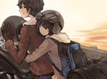  1girl amami_akira bag black_hair brown_eyes chiko_(mizuho) goggles ground_vehicle headwear_removed helmet helmet_removed hug hug_from_behind kamen_rider kamen_rider_hibiki_(series) kamen_rider_ibuki motor_vehicle motorcycle multiple_riders 