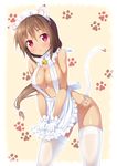  :o animal_ears apron apron_tug bell bell_collar blush bow breasts brown_hair cat_ears cat_tail cleavage collar cowboy_shot dark_skin gloves hair_bow ichi_makoto lace lace-trimmed_thighhighs large_breasts long_hair looking_at_viewer low_ponytail maid_headdress maou_no_shimobe_ga_arawareta! nearly_naked_apron panties parted_lips paw_print red_eyes side-tie_panties skindentation solo sweatdrop tail tareme thighhighs underwear white_gloves white_legwear white_panties 