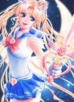  bishoujo_senshi_sailor_moon blonde_hair blue_eyes blue_sailor_collar bow choker crescent_moon double_bun gem gloves hair_ornament hairclip holding holding_wand kaleidomoon_scope lipstick long_hair looking_away magical_girl makeup moon night night_sky parted_lips pleated_skirt red_bow red_choker sailor_collar sailor_moon sailor_senshi_uniform signature skirt sky sleeveless smile solo star_(sky) starry_moon starry_sky tsukino_usagi twintails very_long_hair wand white_gloves yina 