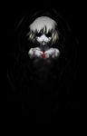  bare_shoulders black_eyes black_sclera blonde_hair blood blood_on_face collarbone darkness dripping ex-rumia highres horror_(theme) looking_at_viewer mazeran open_mouth rumia solo touhou 