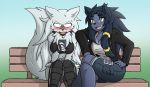  2018 anthro big_breasts blizzard_entertainment blush breasts canine cellphone chest_tuft clothed clothing collar digital_media_(artwork) duo embarrassed female fur hair hi_res long_hair mammal mayenne_carver phone rakkuguy scar shirt sitting smile sweat teeth thick_thighs tuft velvela video_games warcraft were werewolf wolf worgen 