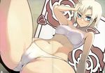  1girl absurdres bare_shoulders blonde_hair blue_eyes blush breasts cameltoe glasses highres legs looking_at_viewer lying medium_breasts namaniku_atk navel panties rico_brzenska shingeki_no_kyojin short_hair sitting solo spread_legs thighs underwear white_panties 