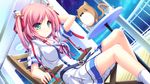  blush chocola_(gib) dutch_angle g.i.b._girls_in_black green_eyes hair_ribbon highres kurokawa_yukano looking_at_viewer night night_sky pink_hair ribbon school_uniform short_sleeves sitting sky smile solo star_(sky) starry_sky tenmaso twintails 