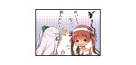 2girls anchor_hair_ornament bottle brown_hair dress hair_ornament hair_ribbon hat holding holding_bottle kantai_collection libeccio_(kantai_collection) long_hair long_sleeves maestrale_(kantai_collection) multiple_girls one_side_up red_hat ribbon santa_hat silver_hair sweatdrop tan tongue tongue_out translation_request twintails yume_no_owari 