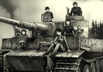  3girls braid caterpillar_tracks commentary_request garrison_cap glasses ground_vehicle hat headset hino_katsuhiko long_hair looking_at_viewer military military_uniform military_vehicle monochrome motor_vehicle multiple_boys multiple_girls on_vehicle original short_hair smile smoke soldier tank tiger_i tree twin_braids twintails uniform war world_war_ii 