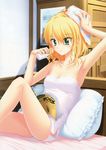  absurdres arm_up armpits bare_shoulders bed bed_sheet blonde_hair book bottle breasts green_eyes highres honeycoming_royalsweet knee_up legs milk_bottle naked_towel on_bed pillow rakko_(makarakko) reading side_slit sitting small_breasts solo tagaya_marino thighs towel 