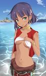  bandeau blush bracelet breasts dark_skin earrings fushigi_no_umi_no_nadia green_eyes hair_ornament hoop_earrings jewelry jpeg_artifacts looking_at_viewer nadia navel neck_ring partially_submerged pelvic_curtain purple_hair shiny shiny_skin short_hair small_breasts solo underboob vest wa_(genryusui) water 