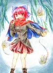  bow capelet colored_pencil_(medium) covered_mouth divine_spirit hair_bow long_sleeves miniskirt puchimirin red_eyes red_hair red_skirt sekibanki shirt short_hair skirt solo touhou traditional_media 